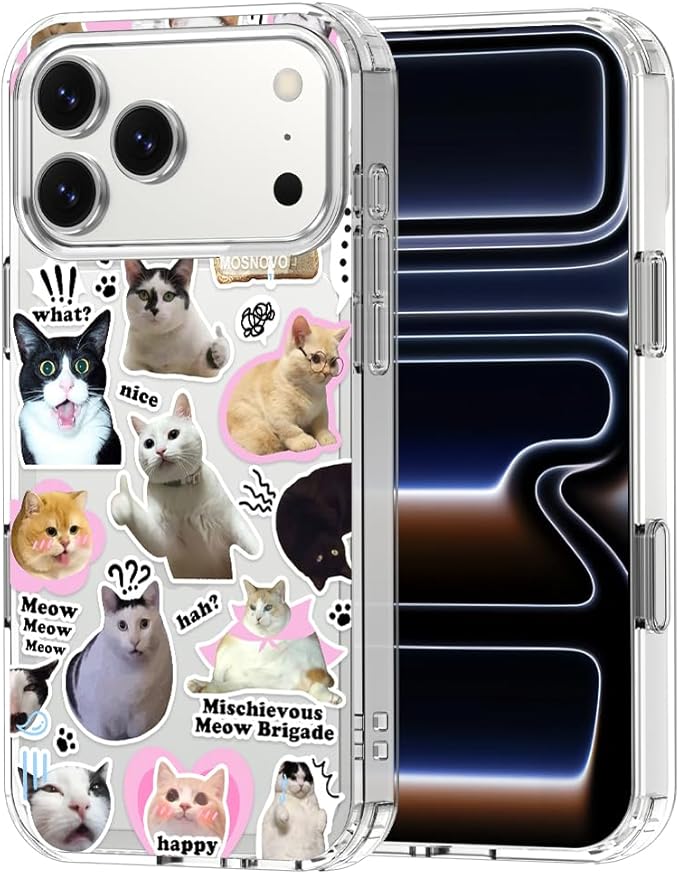 MOSNOVO for iPhone 17 Pro Max Case | Military Grade 6.6ft Drop Tested | Camera Control | Clear with The Cat Brigade Design
