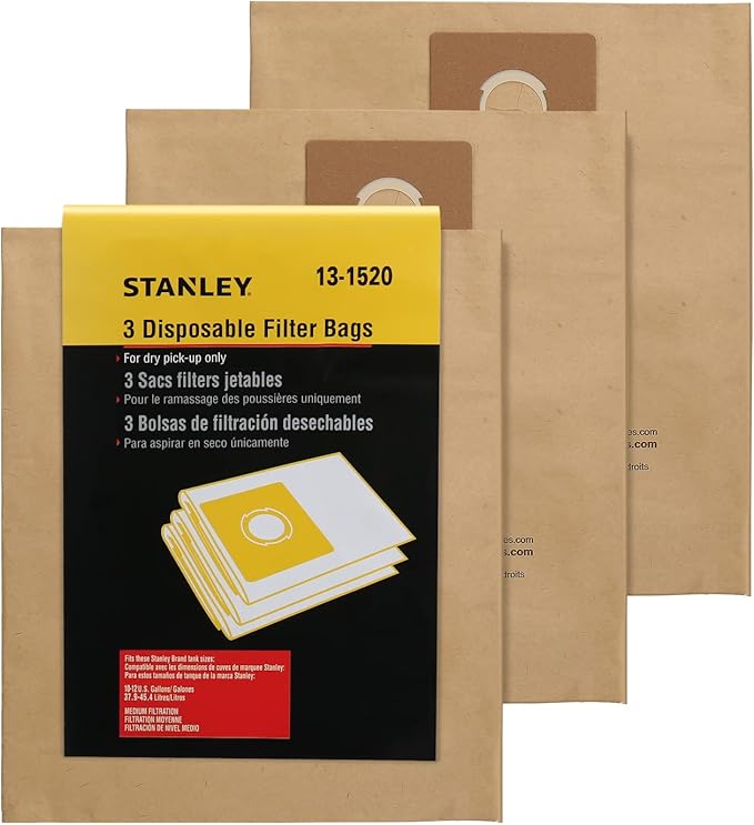 Stanley 13-1520 Disposable Filter Bag Fits for 10 Gallon Wet or Dry Vacuum Cleaner, Fits for SL18191P SL18199P,3 Pack