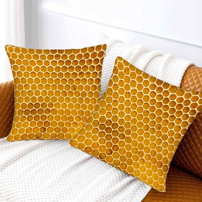 Bee Honeycomb Throw Pillow Covers 18x18 Yellow Honey Abstract Set of 2 Pillow Cases Square Velvet Outdoor Pillowcases Decorative for Home Bed Sofa Couch Hotel