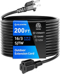 200 FT Outdoor Extension Cord Waterproof, Black, 3-Prong Power Cord, 16 AWG SJTW, 10A 1250W, Grounded, General Purpose Long Extension Cord for Lawn & Garden, ETL Listed