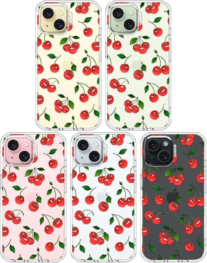 MOSNOVO Case for iPhone 15 Plus/iPhone 14 Plus, [Buffertech 6.6ft Military-Grade Drop Protection] [Anti Peel Off Tech] Clear TPU Bumper Phone Case Cover Design - Cute Cherry