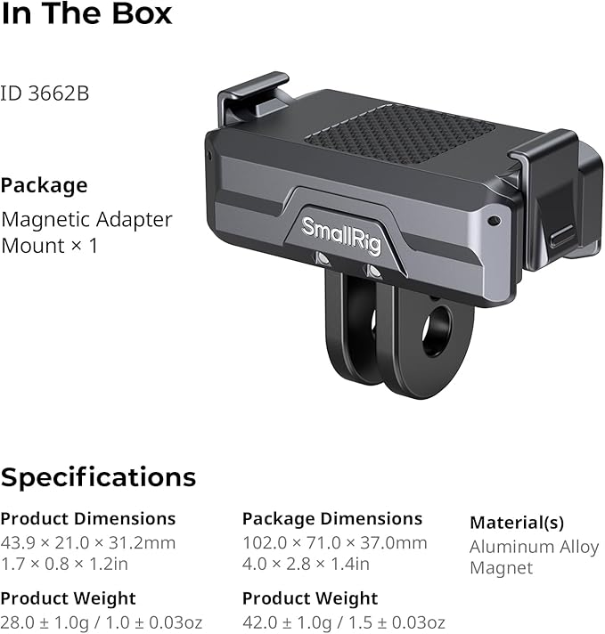 SMALLRIG Magnetic Mount Adapter for DJI OSMO 360 / Action 5/4 / 3 - Quick-Release Aluminum Base with 1/4" Thread & Foldable Connector for Tripods, Selfie Sticks, Vlogging Accessories - 3662B