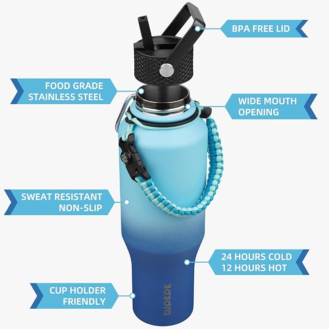 BJPKPK Insulated Water Bottles with Straw Lid, 35oz Metal Water Bottle with 2 lids & Paracord Strap, Double Wall Stainless Steel Vacuum Tumblers, Cups, Mugs, Thermo for Hot& Cold Drinks, Sky