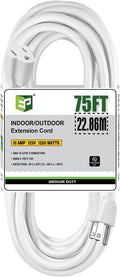 EP 75 Ft Outdoor Extension Cord - 16/3 SJTW White Electrical Cable with 3 Prong Grounded Plug