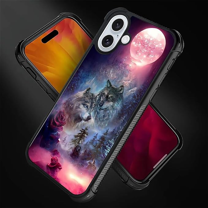 for iPhone 16 Case, Star Two Wolfs Howling Pattern Graphic Design Girl Boy Soft Silicone Hard Acrylic Shock Protection for iPhone 16