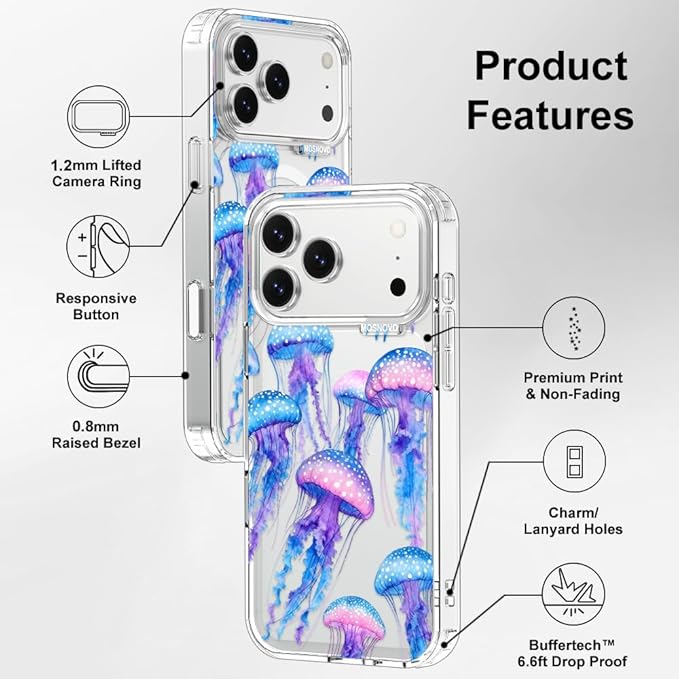 MOSNOVO for iPhone 17 Pro Max Case, Shockproof Military-Grade Protection 6.6ft Drop Tested, Camera Control, Clear Phone Case for iPhone 17 Pro Max, Mystic Jellyfish Design