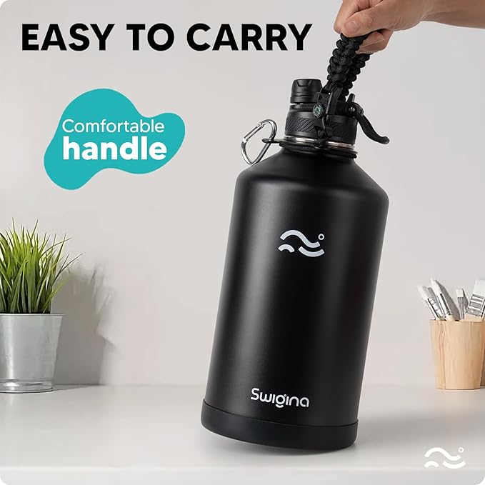 Swigina [2-IN-1 LID] Gallon Insulated Water Bottle with Silicone Boot (48hrs Cold/24hrs Hot) - DIY Stickers, Leakproof, BPA Free, 128 oz