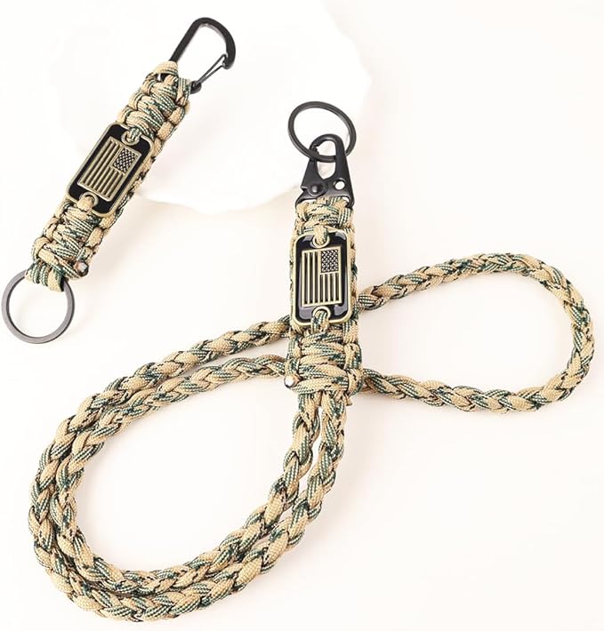 2pcs Heavy Duty Braided Paracord Lanyard Keychains with USA Flag, Parachute Rope Necklace for Outdoor Activities