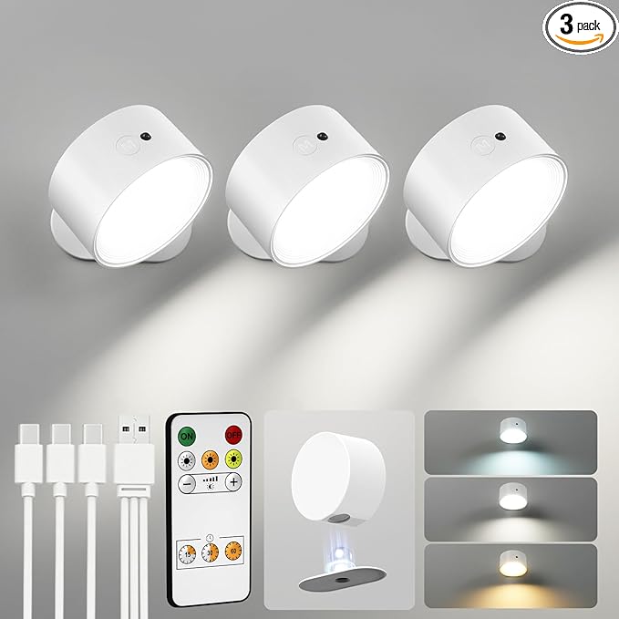 LED Wall Mounted Lights, Rechargeable Wall Sconces with Remote & Touch Control, 3 Color Temperatures 360° Rotation Dimmable Cordless Wall Light for Bedroom Study Reading Bedside (White, 3 Pack)