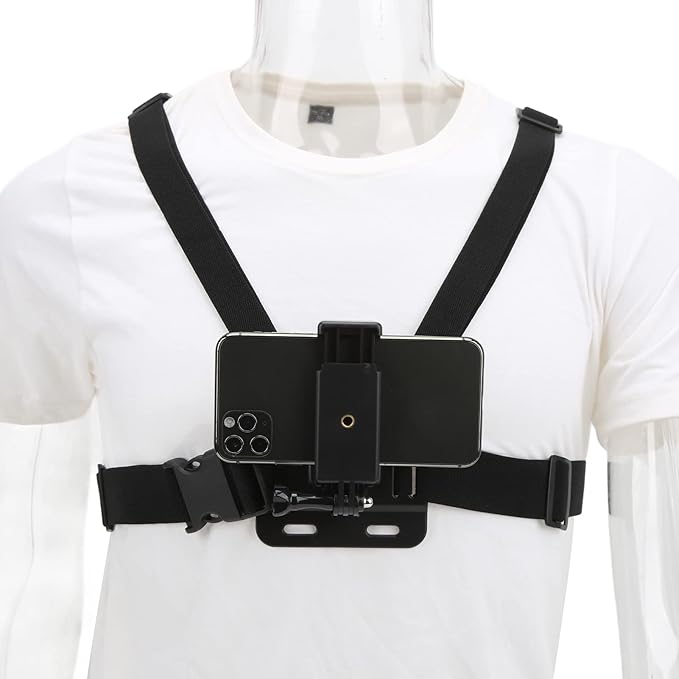 Mobile Phone Chest Mount Harness Strap Holder Outdoor Live Mobile Phone Chest Strap Harness Mount Cell Phone Clip, Elastic and Adjustable, Chest Strap Mount for Smartphones and Action Camera