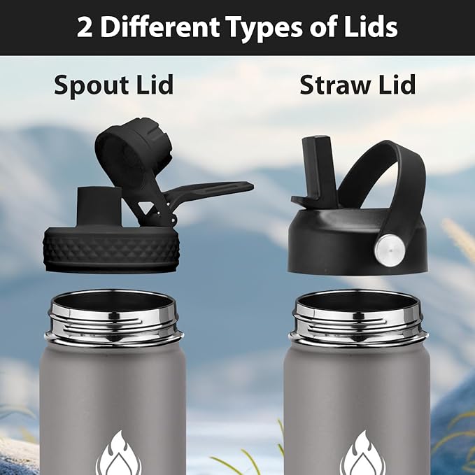 SENDESTAR Stainless Steel Water Bottle, Wide Mouth 32 oz Water Bottle with Straw Lid, Spout Lid, Double Wall Vacuum Insulated Leak Proof, Keeps Liquids Hot or Cold (Gray)