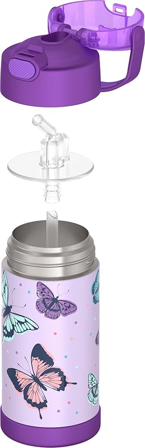 THERMOS FUNTAINER Water Bottle with Straw - 12 Ounce - Kids Stainless Steel Vacuum Insulated Water Bottle with Lid, Butterfly Frenzy