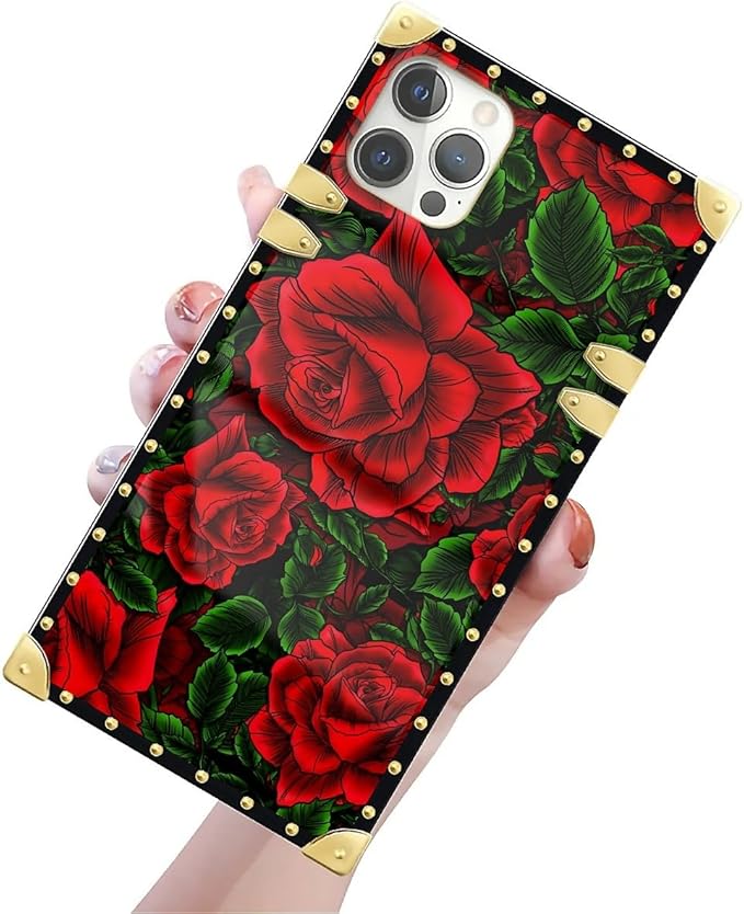 Compatible with iPhone 12 12 Pro Case, Vector Red Rose Green Leaf Luxury Golden Decoration for Girl Women Soft TPU Shockproof Protective Hard PC Back for iPhone 12 12 Pro