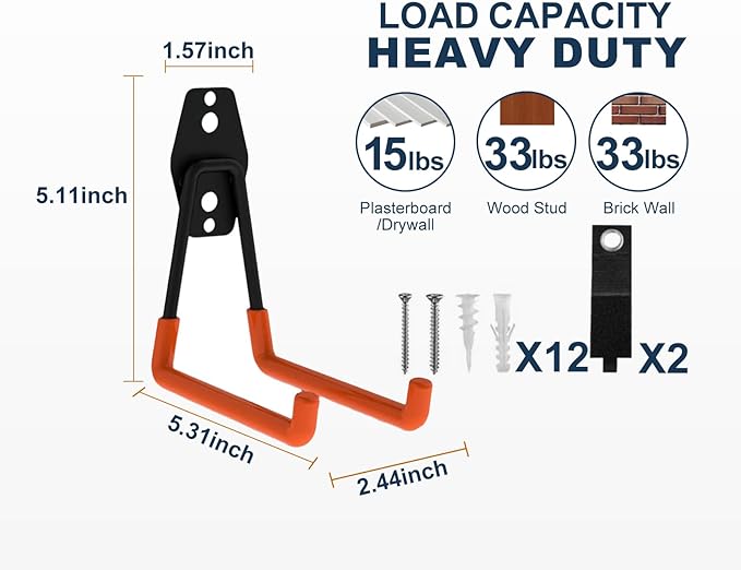 Garage Hooks Heavy Duty, 6 Pack Medium Square Steel Garage Storage Hooks with Anti-Slip Coating, Multi-Purpose Ladder Hooks for Hanging Garden Tools, Hoses, Bikes and Folding Chairs (Orange)