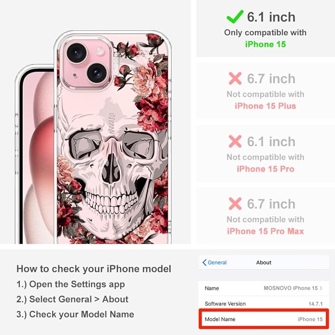 MOSNOVO Case for iPhone 15, [Buffertech 6.6ft Military-Grade Drop Protection] [Anti Peel Off Tech] Clear TPU Bumper Phone Case Cover Design - Red Flower Skull