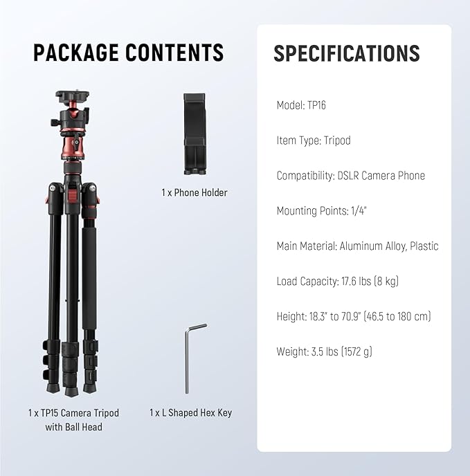 NEEWER Basics 70.9" Camera Tripod Monopod with Center Column & Ball Head, Quick Release Overhead DSLR Cell Phone Holder Stand Compatible with iPhone Travel Video Recording, 17.6 lbs Max Load, TP16