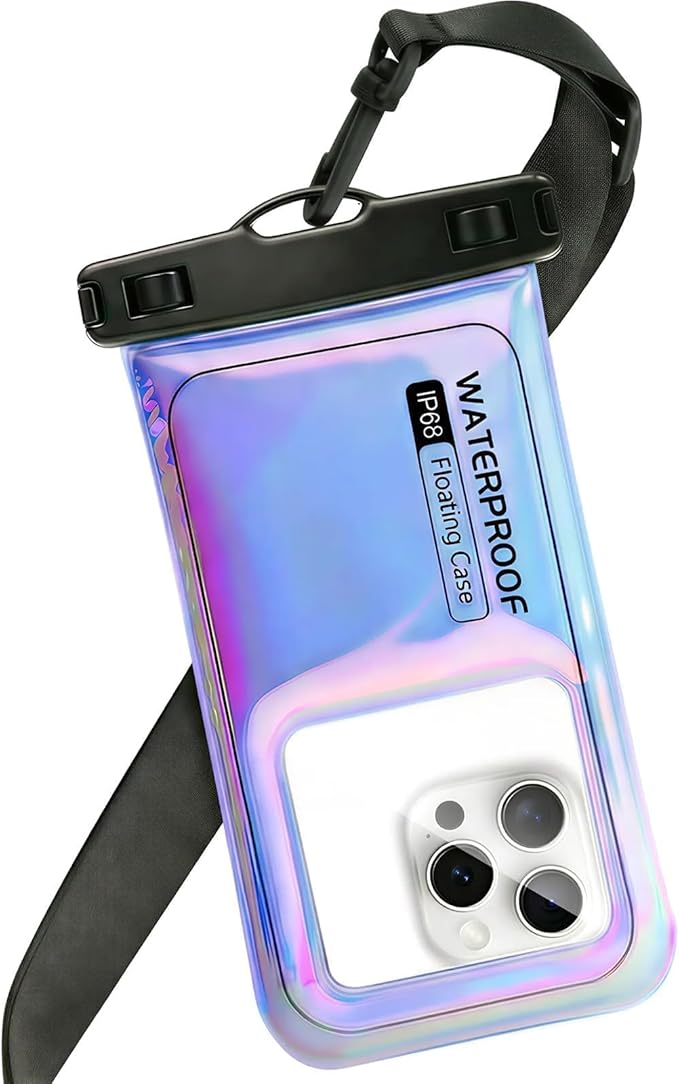 Floatable Waterproof Phone Pouch Case for iPhone 17 16 Pro Max/15/14, IP68 Travel Cellphone Dry Bag Beach Cruise Ship Essentials Bags with Crossbody Lanyard, Iridescent Purple with Word - 7″