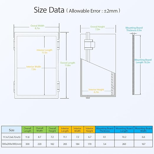 Junction Box IP65 Waterproof Dustproof ABS Plastic Enclosure Outdoor and Indoor Project Box Hinged Cover with Mounting Plate Wall Brackets Outer Dimension 11.8"x 7.9" x 7.1", Grey