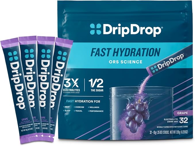 DripDrop Hydration Packets - Grape - Single Serve Electrolytes Powder Drink Mix - Non-GMO, Gluten Free, Vegan - 32 Sticks