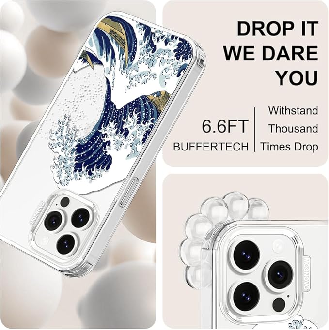 MOSNOVO Case for iPhone 13 Pro Max, [Buffertech 6.6ft Military-Grade Drop Protection] [Anti Peel Off Tech] Clear TPU Bumper Phone Case Cover Design - Great Wave