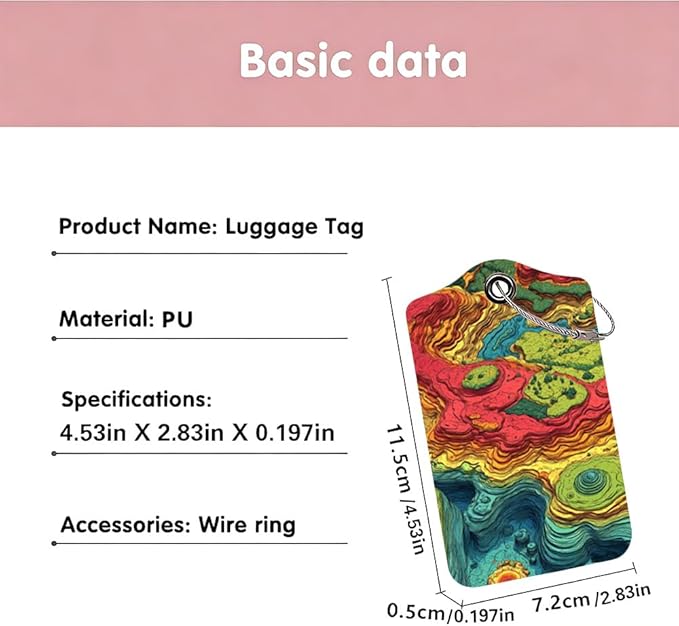 2Pcs Topographic Art Luggage Tags for Suitcases, 2.83x4.53 Abstract Map ID Labels with Privacy Cover, Colorful Layered Style Bag Tags for Backpacks, Travel Essentials for Men & Women, 2 Pack