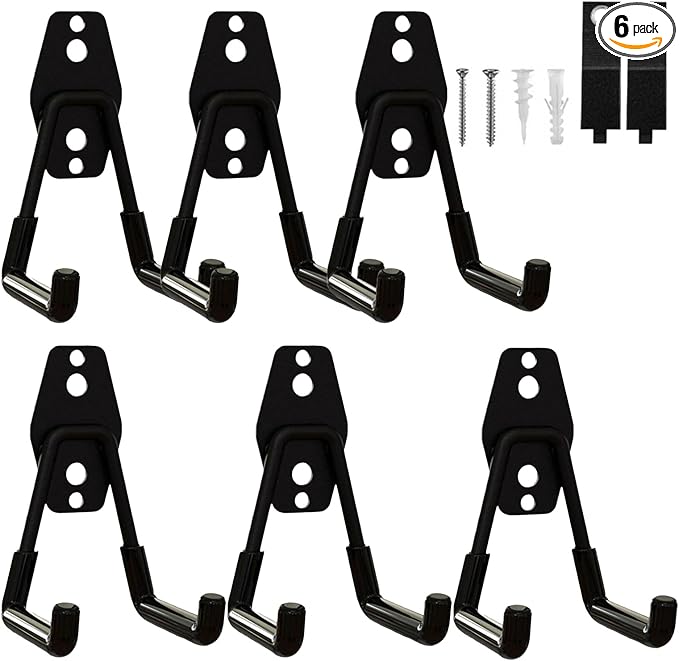 Garage Hooks Heavy Duty, 6 Pack Small Square Steel Garage Storage Hooks with Anti-Slip Coating, Multi-Purpose Ladder Hooks for Hanging Garden Tools, Hoses, Bikes and Folding Chairs (Black)