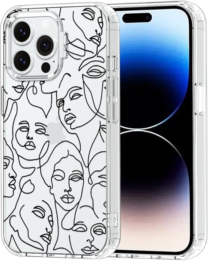 MOSNOVO Case for iPhone 14 Pro Max, [Buffertech 6.6ft Military-Grade Drop Protection] [Anti Peel Off Tech] Clear TPU Bumper Phone Case Cover Design - Abstract Face Line Art