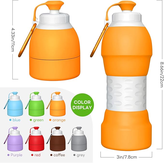 Collapsible Lightweight 20oz Water Bottle, Food-Grade Silicone BPA Free, Foldable Portable Leak Proof Office Travel Cycling Sports Outdoor Water Bottle with Vertical Hook (orange, long nozzle)
