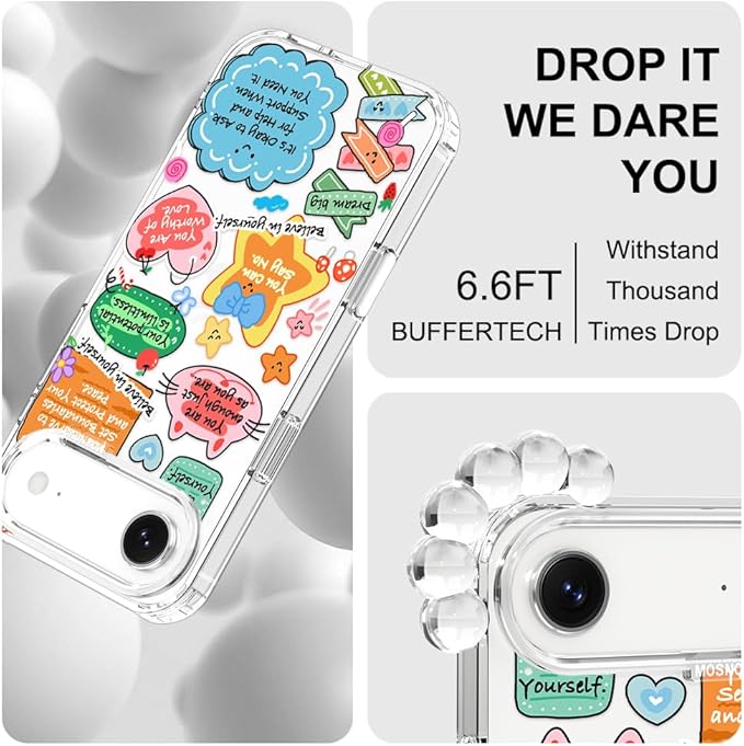 MOSNOVO for iPhone Air Case, Shockproof Military-Grade Protection 6.6ft Drop Tested, Camera Control, Clear Phone Case for iPhone 17 Air, Self Love Club Design
