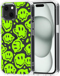 MOSNOVO Case for iPhone 15 Plus/iPhone 14 Plus, [Buffertech 6.6ft Military-Grade Drop Protection] [Anti Peel Off Tech] Clear TPU Bumper Phone Case Cover Design - Distorted Green Smiles Face