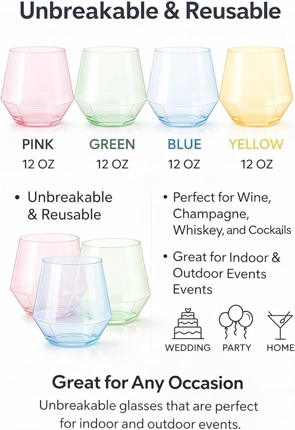 Oojami 40 Pack Diamond Plastic Wine Glasses 12oz Gold Rim Stemless Disposable - Shatterproof Champagne Cocktail Whiskey Cups for Parties, Weddings, Events, BPA-Free
