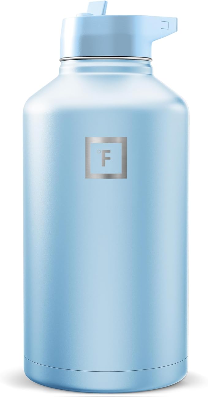 IRON °FLASK Camping & Hiking Hydration Flask with Straw, Wide Mouth Insulated Stainless Steel Sports Water Bottle - Morning Mist 64 oz - Straw (1 Lid)
