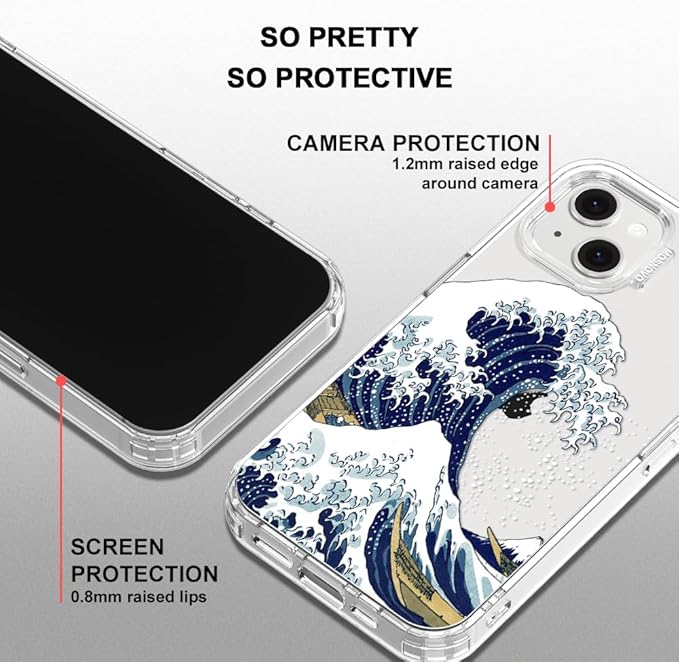 MOSNOVO for iPhone 13/14 Case | Military Grade 6.6ft Drop Tested | Clear with Great Wave Design