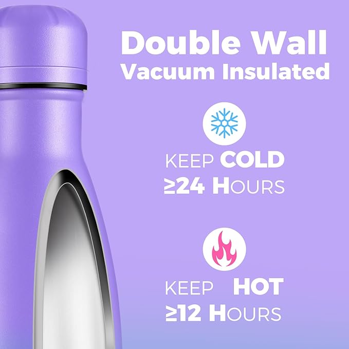 Volhoply 17oz Insulated Water Bottles MultiPack, BPA Free Water Bottle for Kids, Gym, Travel, Sports, Available in Packs of 1, 4, or 8（Purple Green,4 Pack）