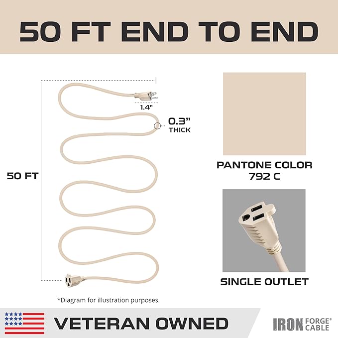 Iron Forge Cable Weatherproof 50 Ft Outdoor Extension Cord - 16/3 SJTW Heavy Duty Light Brown Extension Cord 3 Prong - 13 Amp Exterior Power Cable