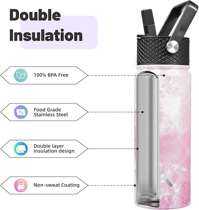 Konokyo 18 oz Insulated Water Bottle Stainless Steel Sport Bottles with 3 Lids,Marble Blossom