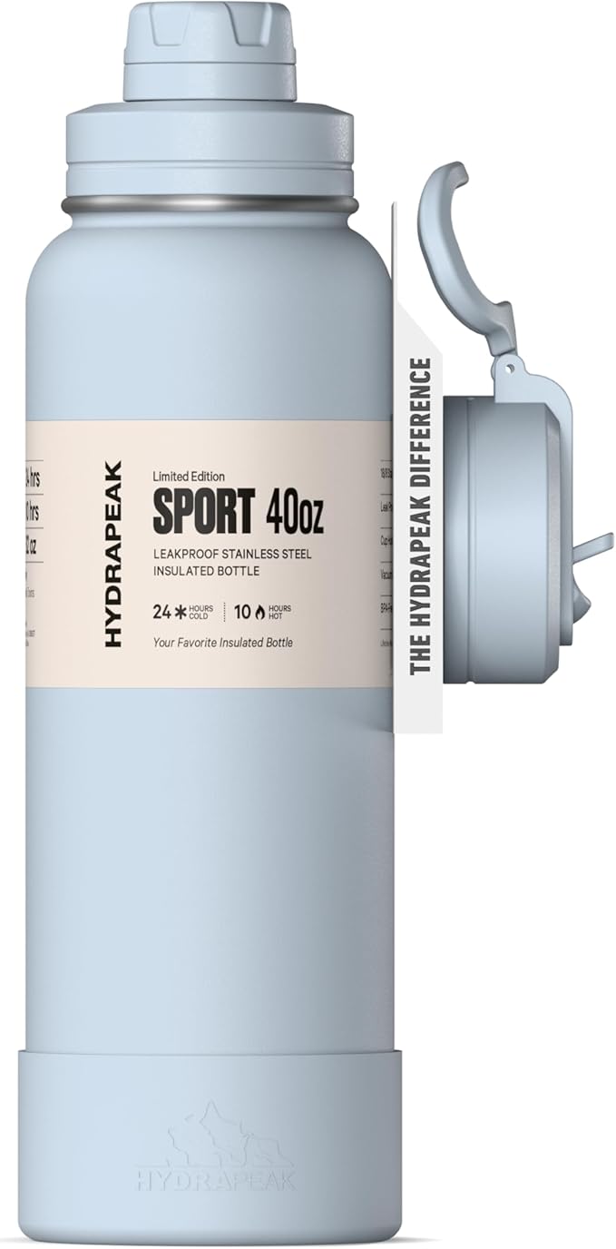 Hydrapeak 40oz Sport Insulated Water Bottle with Straw & Chug Lid, Leak & Spill Proof, Keeps Drinks Cold for 24 Hours, Hot for 12 Hours, Premium Stainless Steel Water Bottles (40oz, Ice Blue)