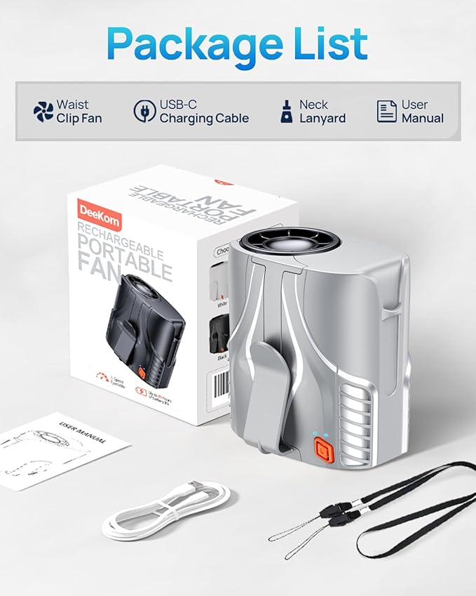 Portable Personal Waist Fan& Neck Fan, 14000RPM Brushless Motor, 40H Runtime Rechargeable, 6-Speed Quiet Operation, Clip-On Personal Body Cooling for Camping/Worksites/Outdoor