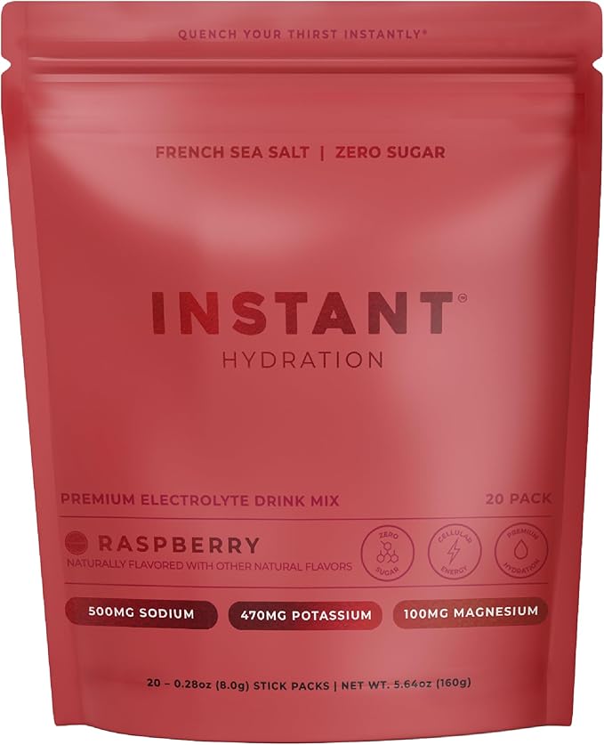 Instant Hydration Sugar Free Electrolytes Powder Packets - Raspberry Electrolyte Drink Mix & Travel Essentials - Post Workout Recovery, Brain Health, Muscle & Tissue Support - 20 Count