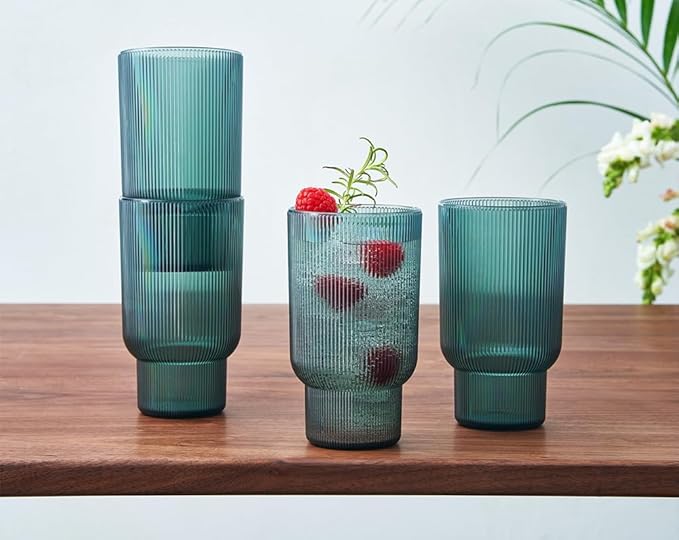 Shatterproof Acrylic Tall Drinking Glasses Set, European Style, Dishwasher Safe, Ribbed | Set of 4 | Fluted Tritan Drinkware, Unbreakable BPA-free Plastic, Reusable Stackable Glassware 14.5oz - Green