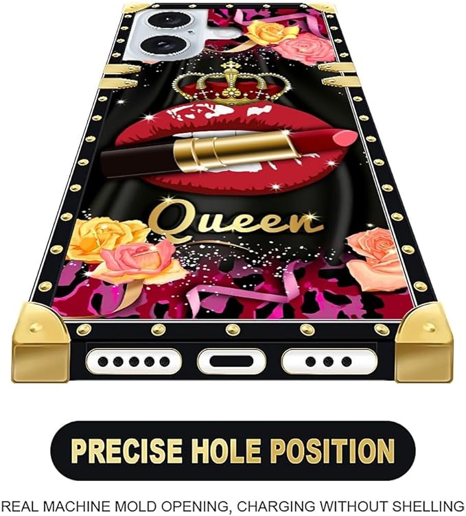 Compatible with iPhone 16 Case, Queen Lip Crown Leopard Print Luxury Golden Decoration for Girl Women Soft TPU Shockproof Protective Hard PC Back for iPhone 16