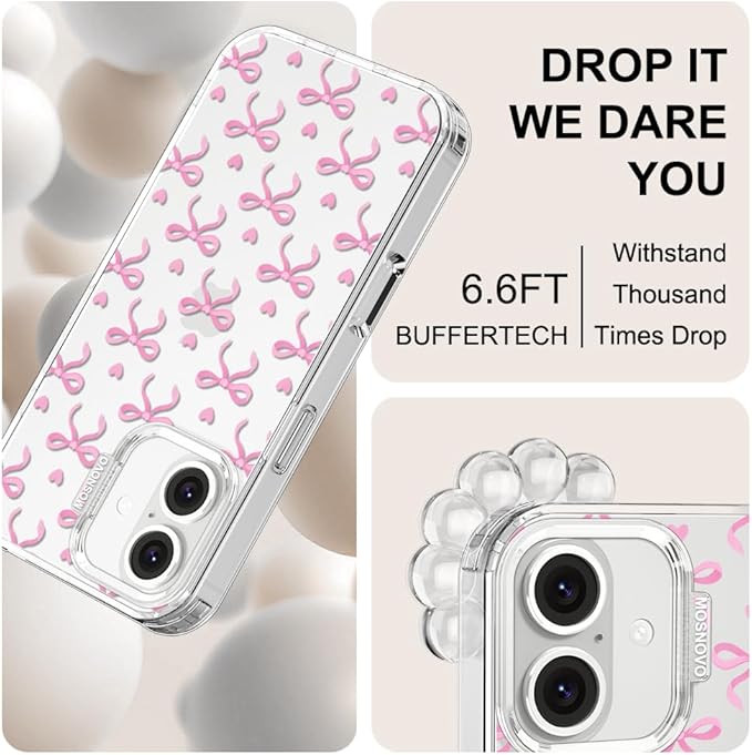 MOSNOVO Case for iPhone 16 Plus, [Buffertech 6.6ft Military-Grade Drop Protection] [Anti Peel Off Tech] Clear TPU Bumper Phone Case Cover Design - Bowtiful Love