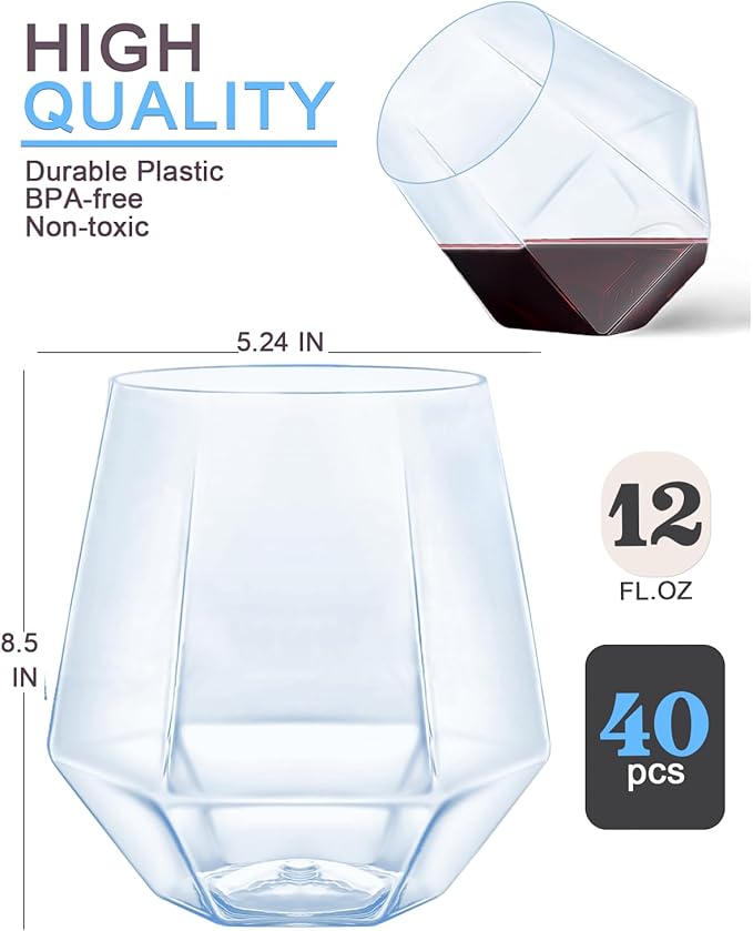 Maaacute 40 Pack Plastic Stemless Wine cocktail Whiskey Champagne Glasses, 12 Oz Disposable Unbreakable Cups for Party Bars Wedding Tasting (Blue)