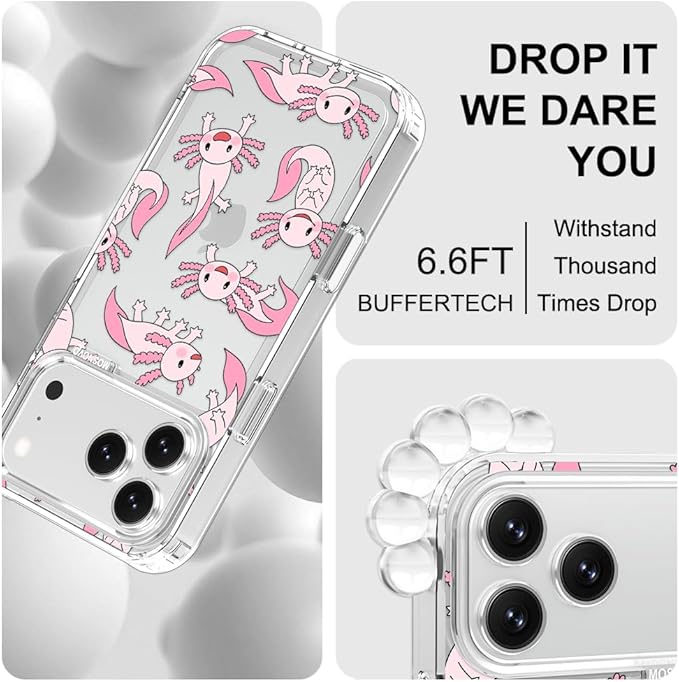 MOSNOVO for iPhone 17 Pro Max Case | Military Grade 6.6ft Drop Tested | Camera Control | Clear with Pink Axolotl Design