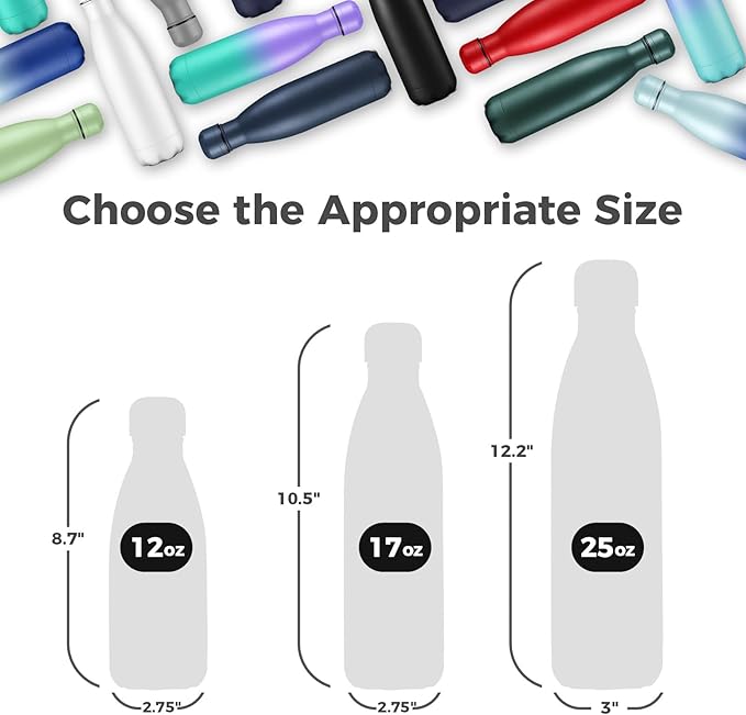 Volhoply 17oz Stainless Steel Water Bottles Bulk, Leakproof Insulated Metal Water Bottle for Sports, Travel, Adult, Available in Packs of 1, 4, or 8（Black,8 Pack）