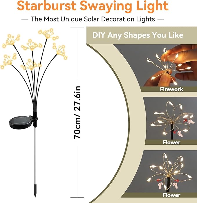 Solar Garden Lights 6 Pack Waterproof Solar Swaying Starburst Light Outdoor Lights for Yard Patio Walkway Pathway Party Wedding Christmas Decorative, Warm White