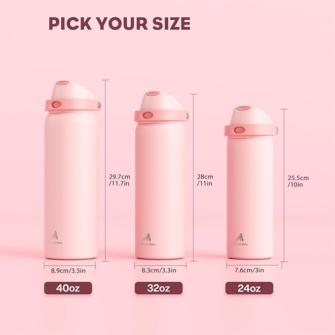POWCAN 24 oz Insulated Water Bottle for Sports: 2-in-1 Lid with Push-Button Spout & Quick-Flip Straw, Leakproof, Car Cupholder Friendly, Stainless Steel for Gym, School, Travel (Cotton Candy)