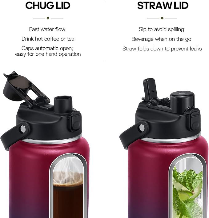 64oz Half Gallon Insulated Water Bottle with 2-in-1 Lid (Chug & Straw), Double Walled Vacuum Stainless Steel Water Bottles, Wide Mouth Leakproof Insulated Jug with Straw