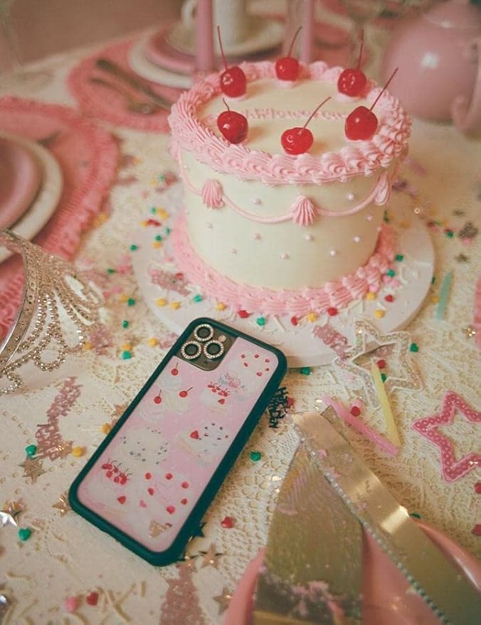 Wildflower Cases - Compatible with iPhone 13 Pro| Protective Black Bumper, 6.5ft Drop Test Certified, Women Owned Small Business | Pink Cherries Birthday Trendy Aesthetic | Sweet Cakes