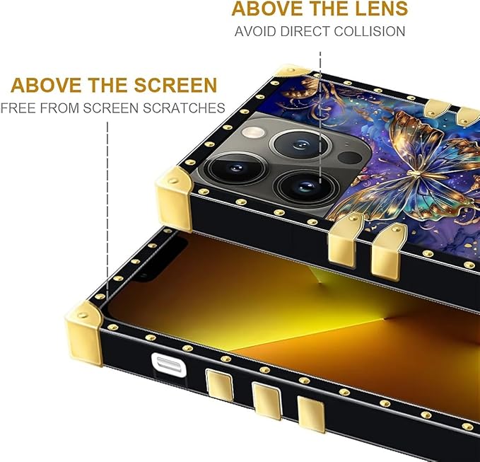 Compatible with iPhone 13 Pro Max Case, Glistening Golden Butterfly Vibrant Purple Blue Luxury Golden Decoration for Girl Women Soft TPU Shockproof Protective Hard PC Back